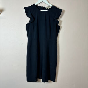 LOFT Navy Pinstripe Ruffle‎ Cap Sleeve Dress, Size Petite 12P